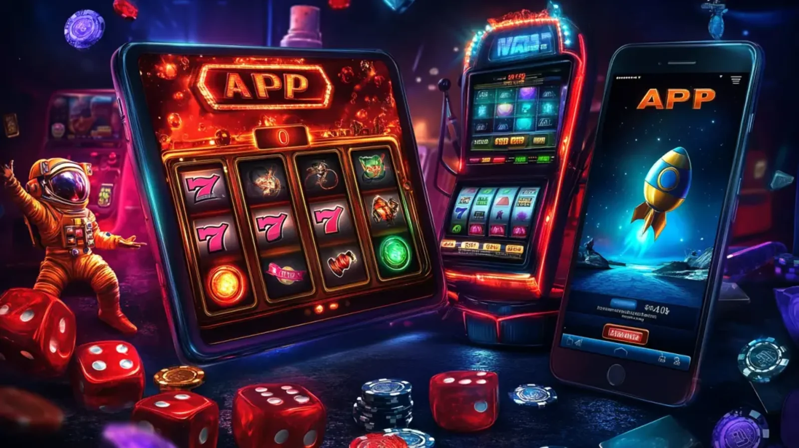 A phone showcasing the golo777 app with an exciting space-themed slot game featuring a female astronaut, next to a physical slot machine, showing a seamless gaming experience.