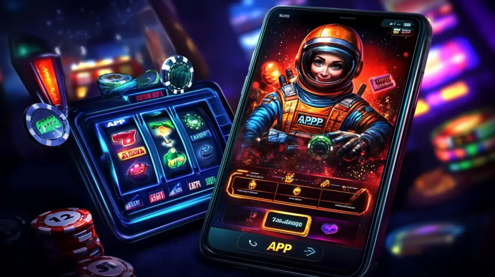A woman with blue hair holding a smartphone displaying the golo777 casino app with various game icons, set against a fiery sports-themed background with balls and energy.