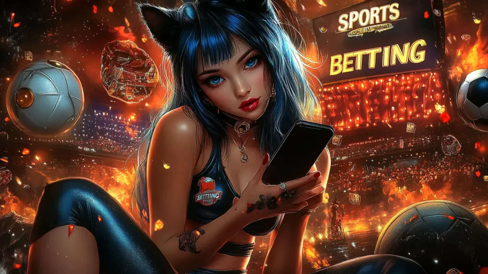 A cute cat girl character in a sports betting setting with odds and betting elements, representing the fun and engaging betting experience at golo777.
