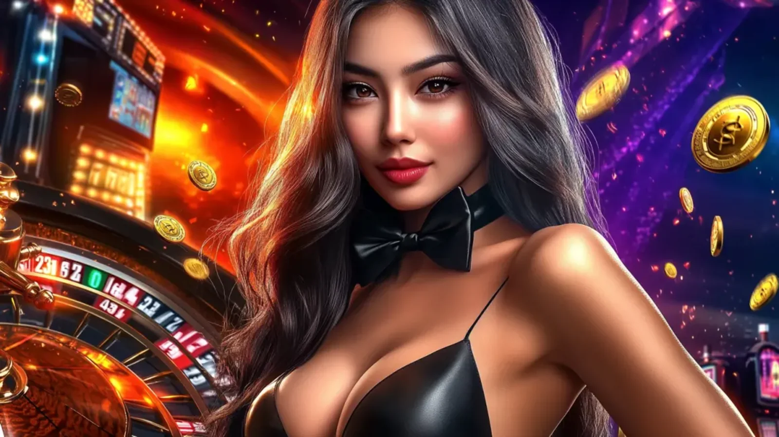 A futuristic cyberpunk-themed casino game interface with neon lights and digital elements, showcasing the modern gaming experience at golo777.