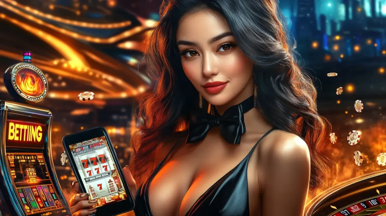 A glamorous woman in a black dress with a bow tie smiles invitingly in a luxurious golo777 casino setting, with a roulette wheel and golden lights creating an exciting atmosphere.