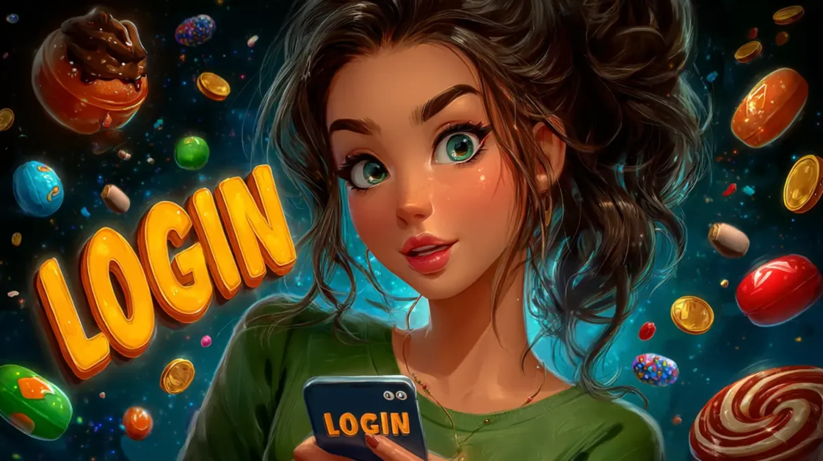 An animated girl holds a phone with the word LOGIN, surrounded by a vibrant world of candy and coins, inviting new users to easily register and join the fun at golo777.